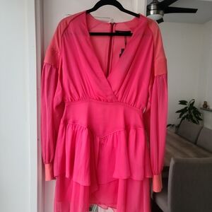 BCBGMaxAzria Hot Pink Tiered Long-Sleeve Mini Dress
